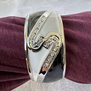 Cara New York Black White Silver CZ Enamel Bracelet Cuff Bangle 1.5" Wide NEW